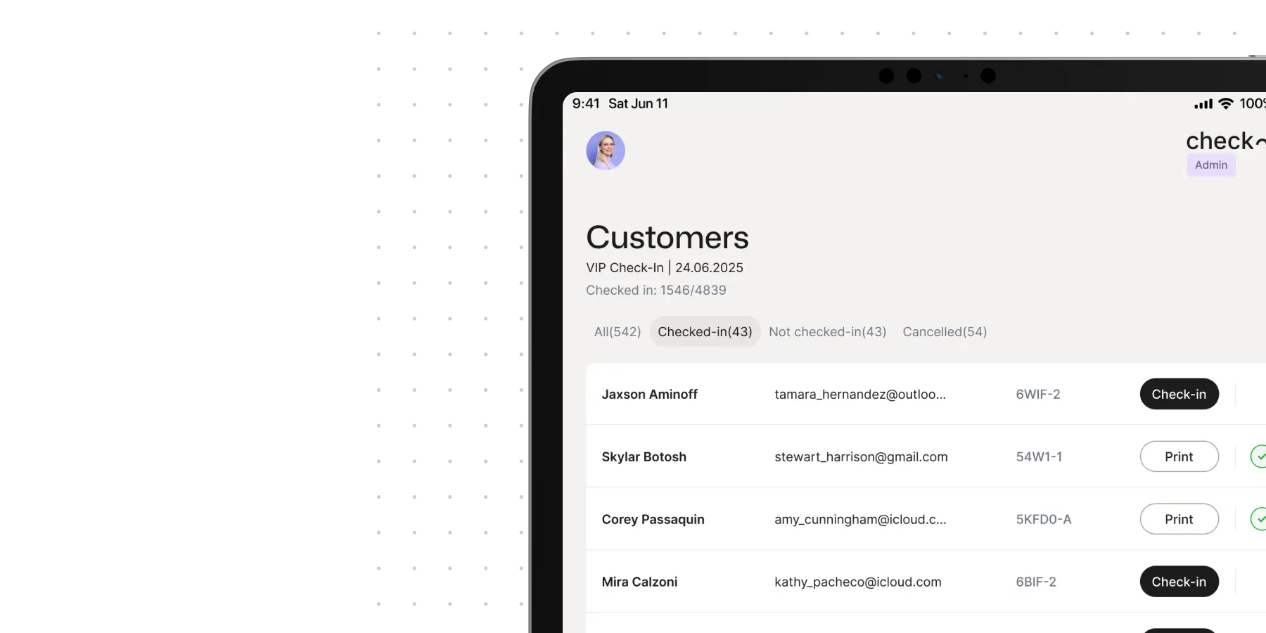 Event check-in app, in-person registration, with attendee list and on-site badge printing tools